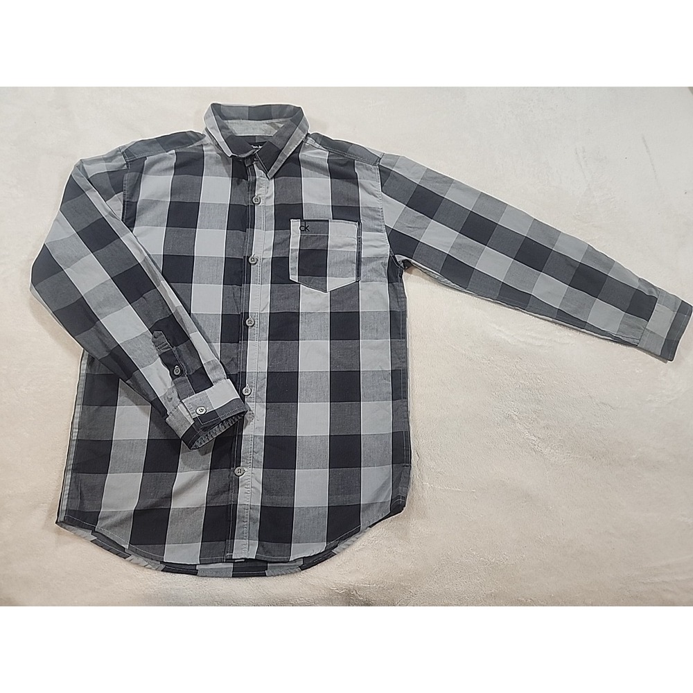 Calvin Klein Boys Gray/Black Long Sleeve Button Up‎ Shirt  Size Lg 14-16
